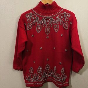 Vintage Victoria Jones Sweater Red Gold Beading Indian Ethnic Holidays Size L
